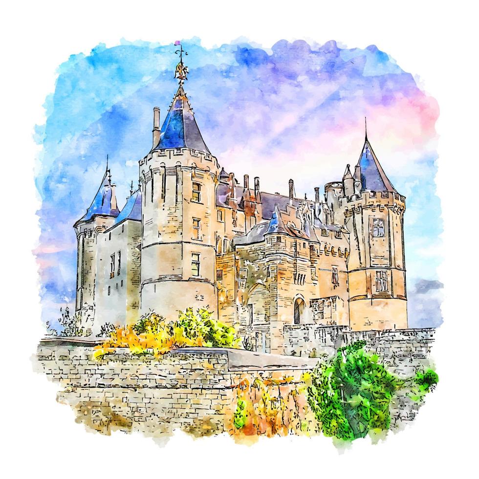 chateau de saumur castillo francia acuarela boceto dibujado a mano ilustración vector