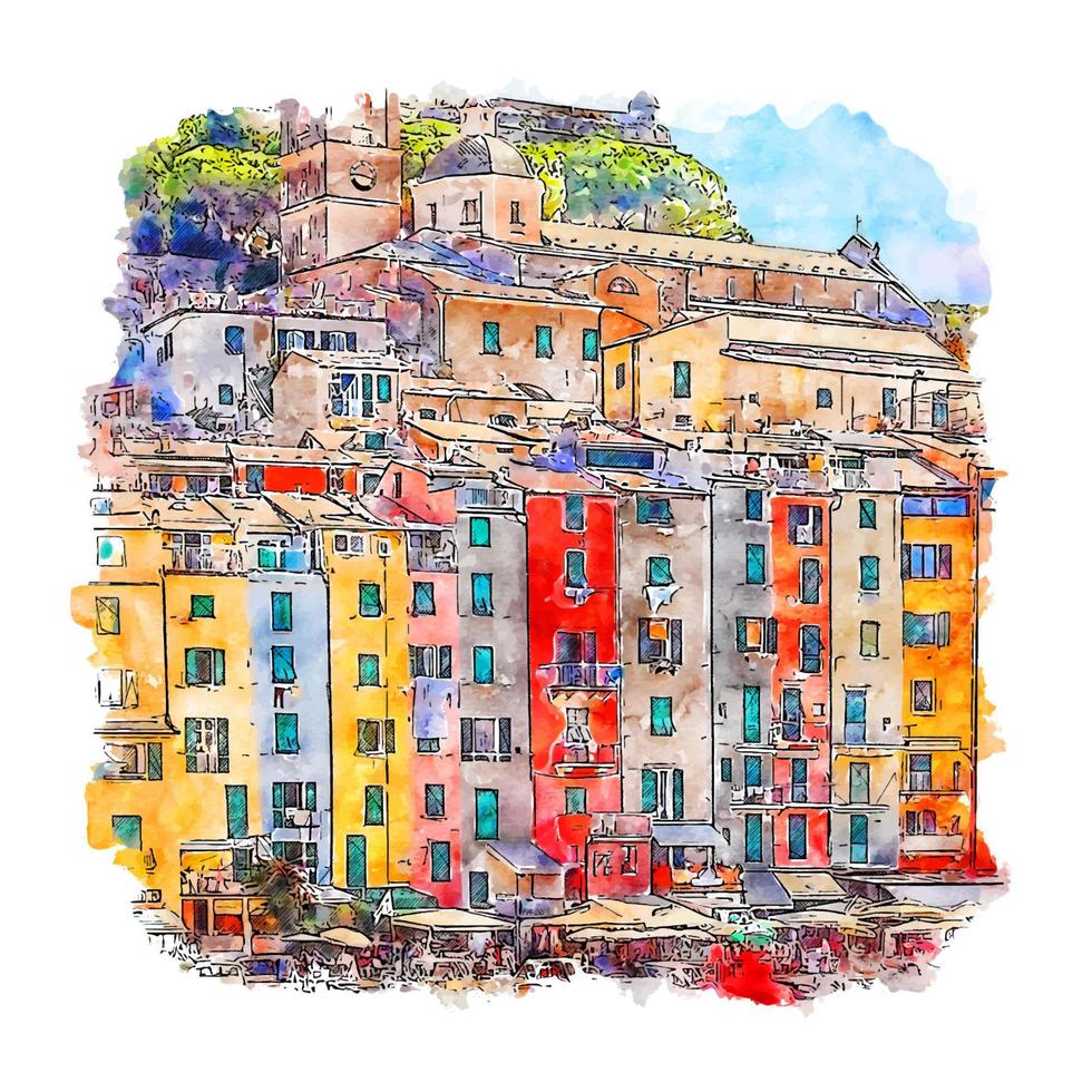 Portovenere Italy Watercolor sketch hand drawn illustration vector