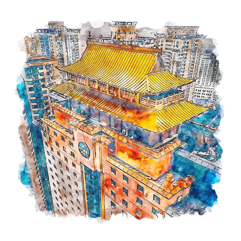 Shanghai China Watercolor sketch hand drawn illustration vector