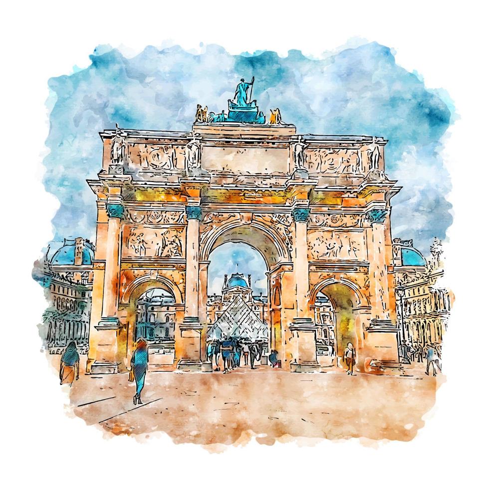 Louvre Museum Paris France Watercolor sketch hand drawn illustration vector