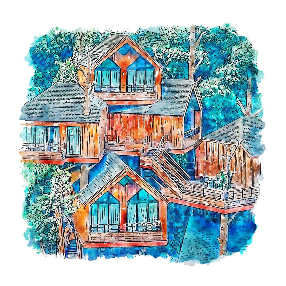 Treehouse China Watercolor sketch hand drawn illustration vector