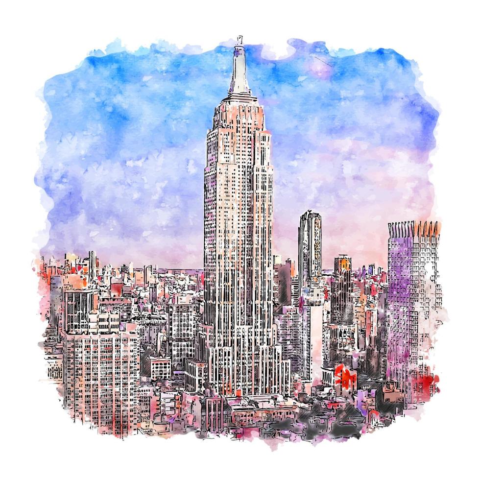 empire state building nueva york acuarela boceto dibujado a mano ilustración vector