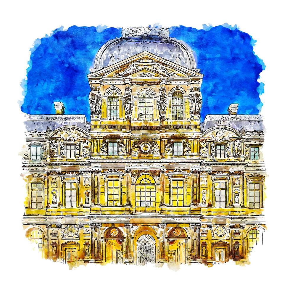 Night Louvre Museum Paris France Watercolor sketch hand drawn illustration vector