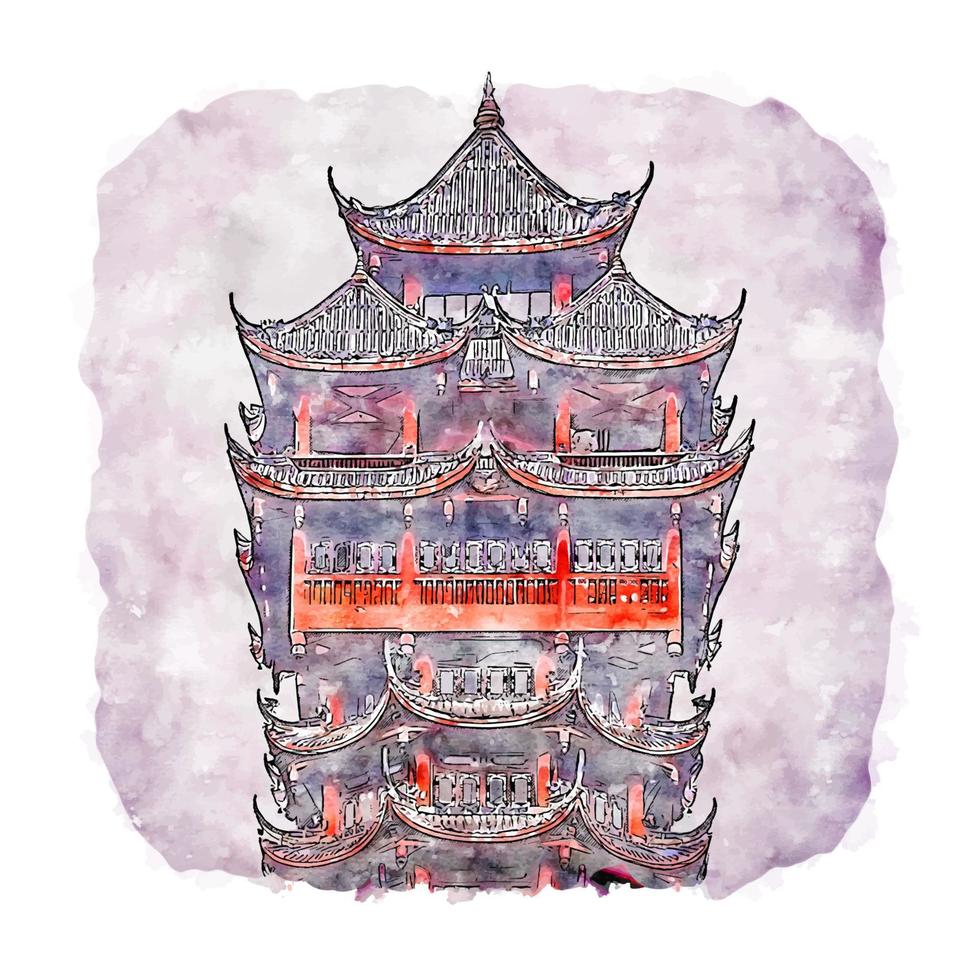 Jiutian Tower China Watercolor sketch hand drawn illustration vector