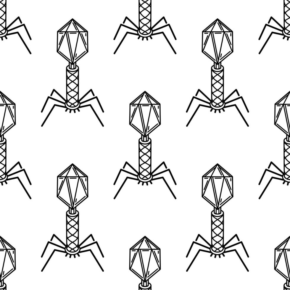 Bacteriophage seamless vector pattern.Virus infecting bacterial cells. Microorganism with a protein coat, fiber tail. Outline isolated on white. Background for scientific sites, medical brochures, web