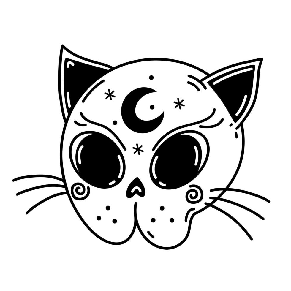 Cute cat skull vector icon. Occult magical kitten skeleton isolated on white background. Pet head with witch symbol. Black outline, line art, sketch. For logo, tattoo, Halloween, El Dia de Muertos