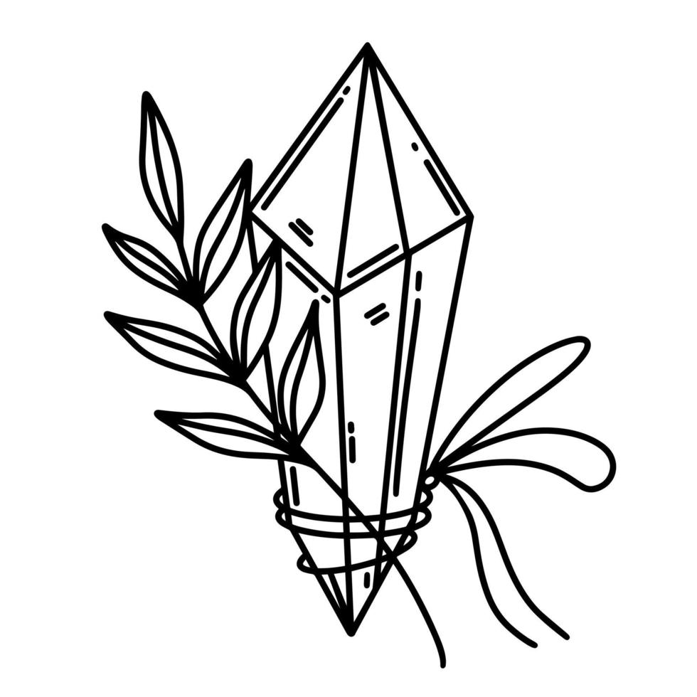 Magic crystal vector icon. Quartz, branch with leaves tied with a thread. Mysterious glass stone isolated on white background. Black outline, line art, sketch. Clipart for logo, web, cosmetics, DIY
