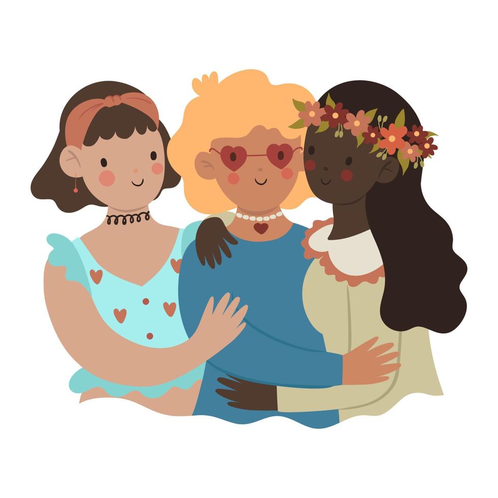 Three cute girls hugging isolate on a white background. Vector graphics.