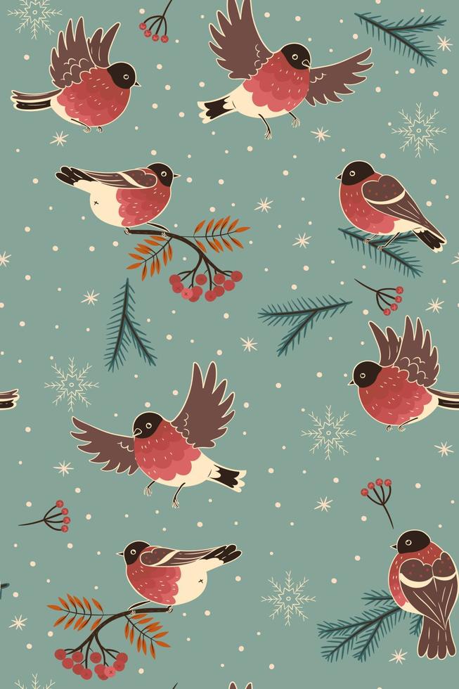 Seamless pattern in winter mood with bullfinches. Vector graphics.