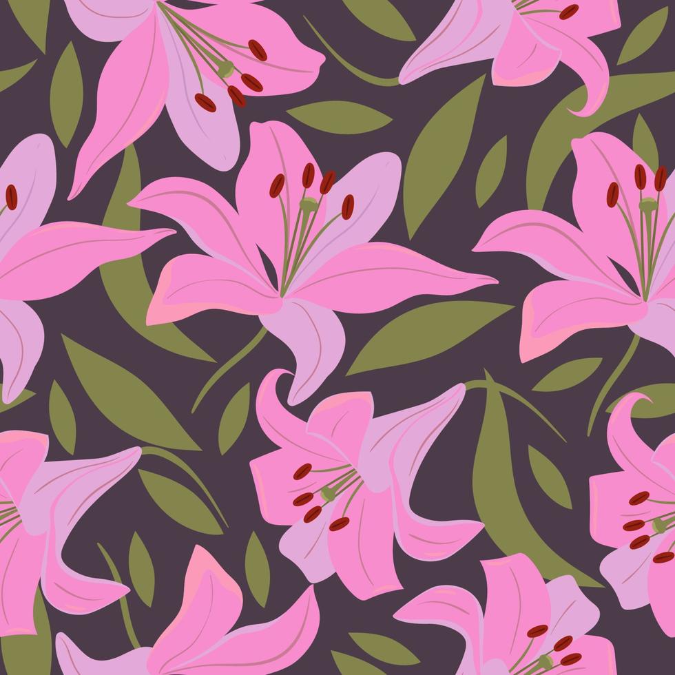 Seamless pattern with lilies and leaves. Vector graphics.