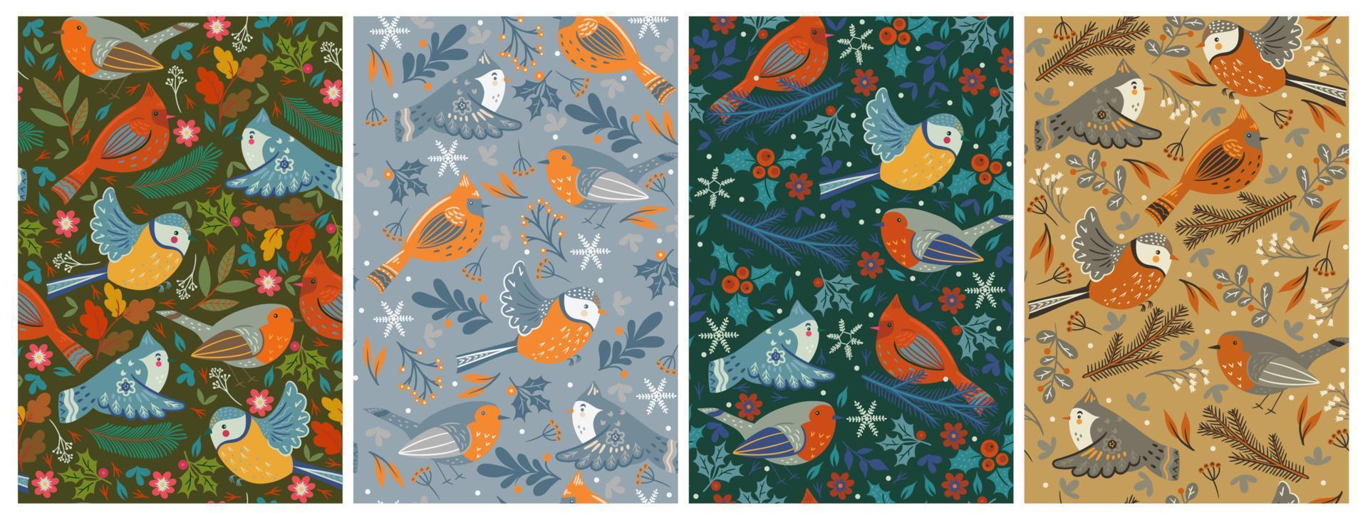 Set of seamless patterns with winter birds. Vector graphics.