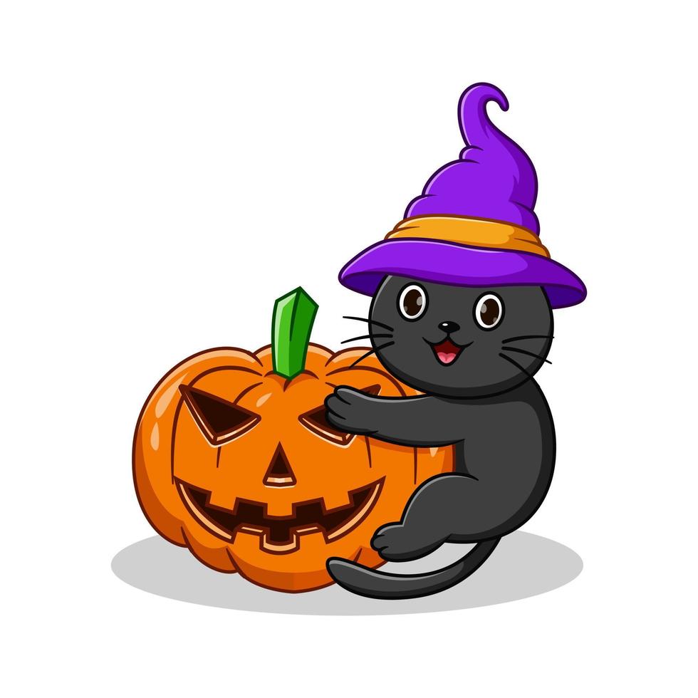 Cute black cat in a witch hat holding pumpkin vector