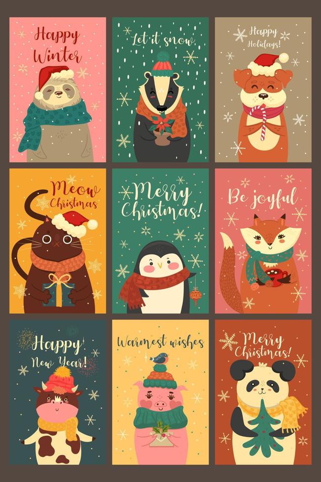 Set of cute cards with animals in a Christmas mood. Vector graphics.