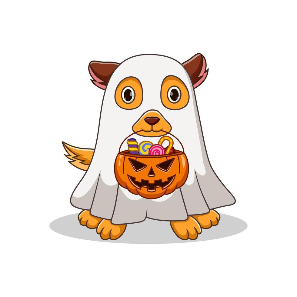 Cute halloween costumes dog holds pumpkin bag full candy vector