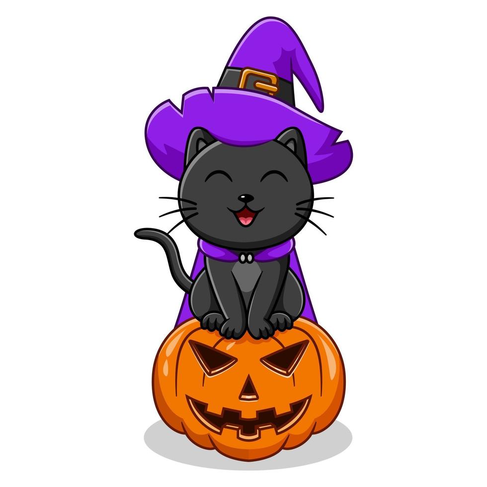 lindo gato negro con sombrero de bruja sentado en calabaza de halloween vector