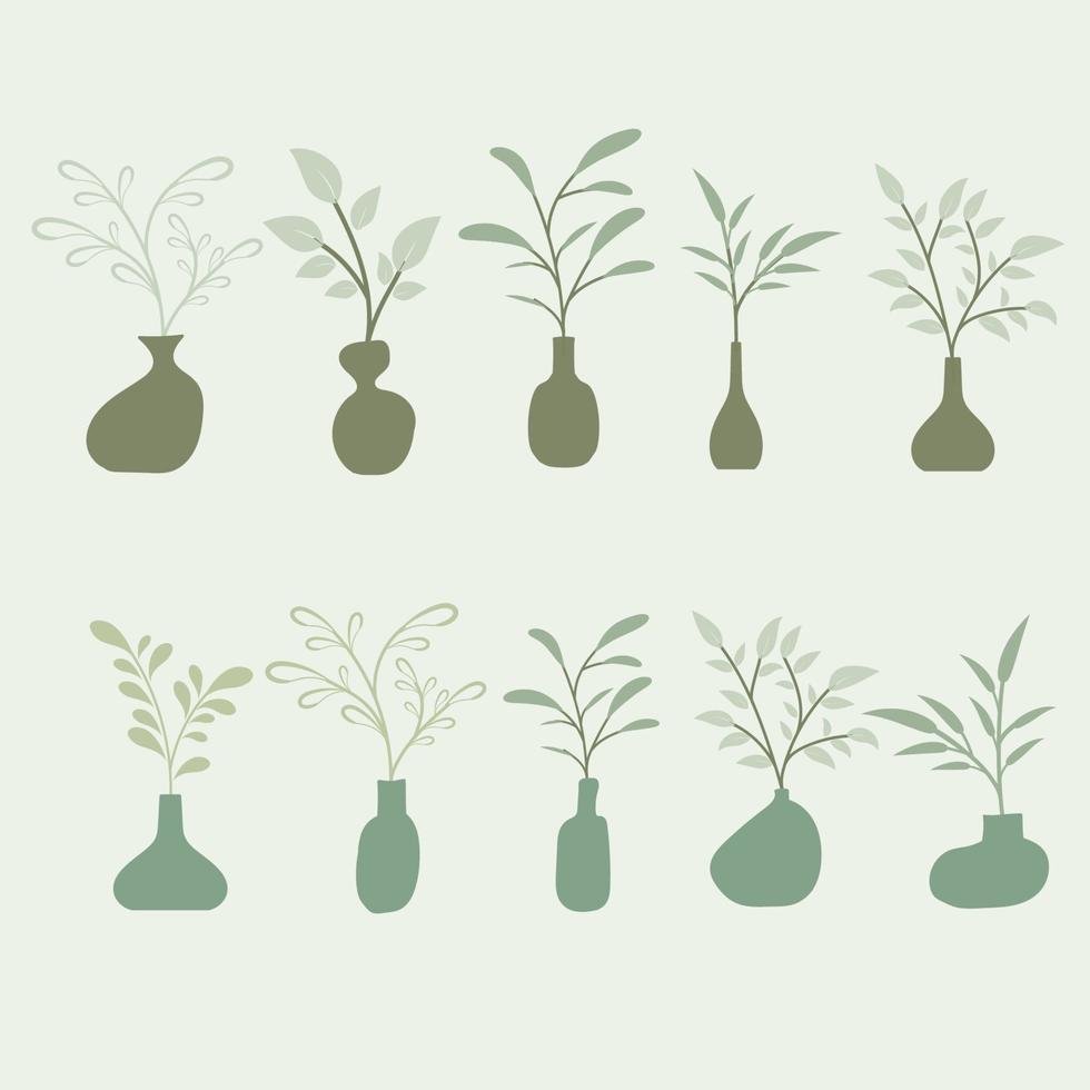 Vase and leaves green color, Flat style vase, minimal design vector