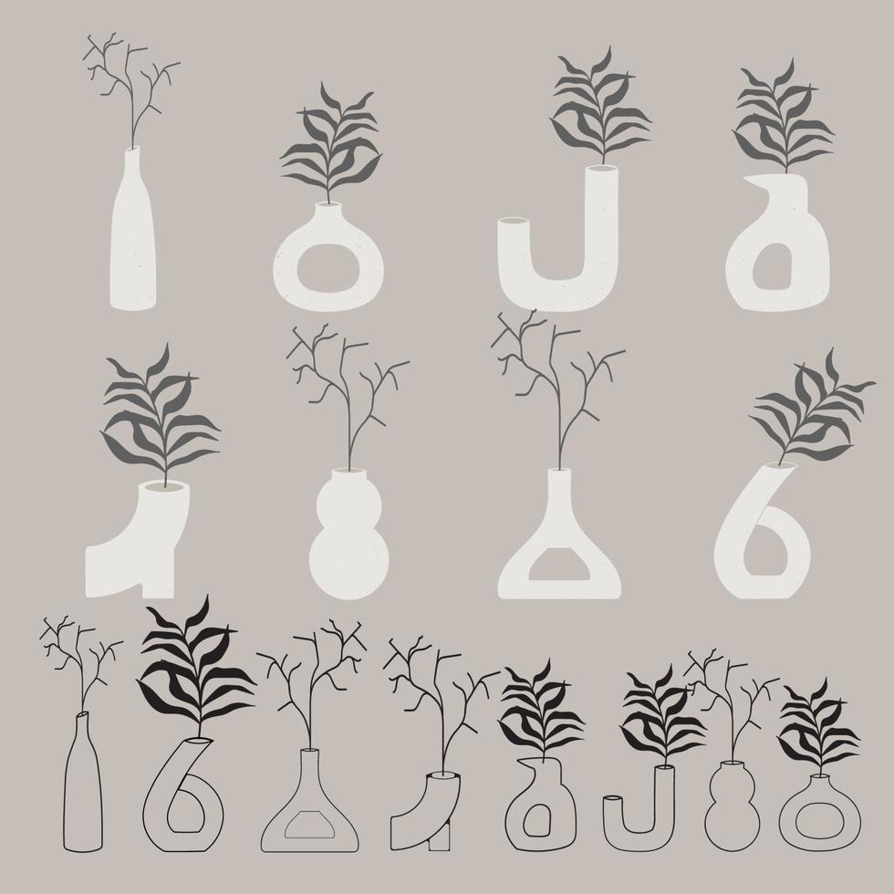 Set of Modern beige ceramic vase with floral flower for design illustration vector