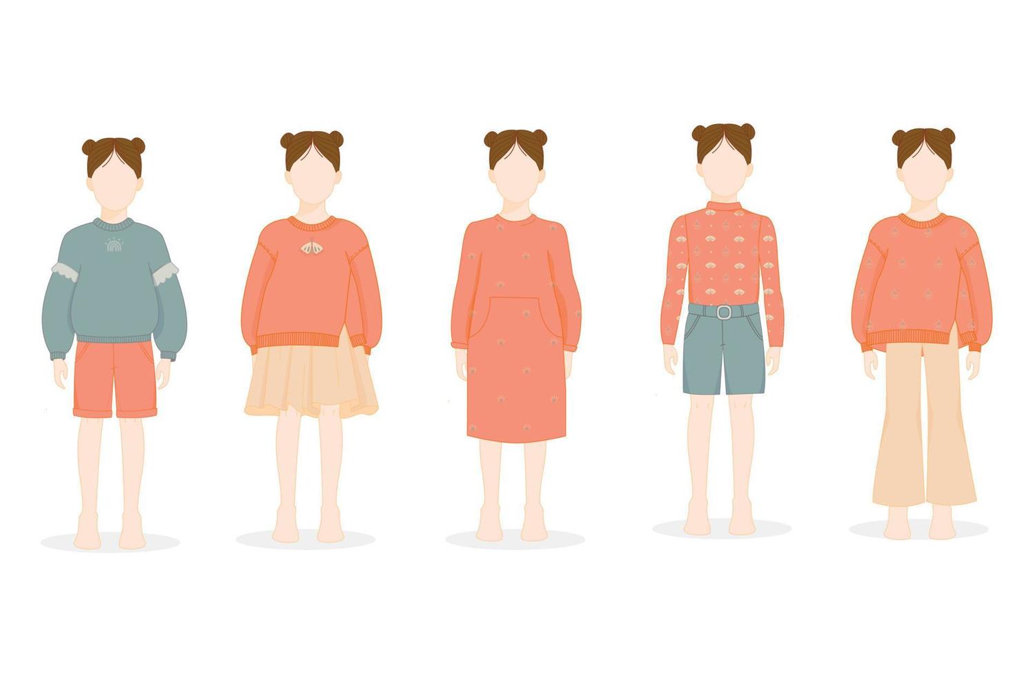 conjunto de bocetos de hermosos y diversos trajes de moda para niñas vector