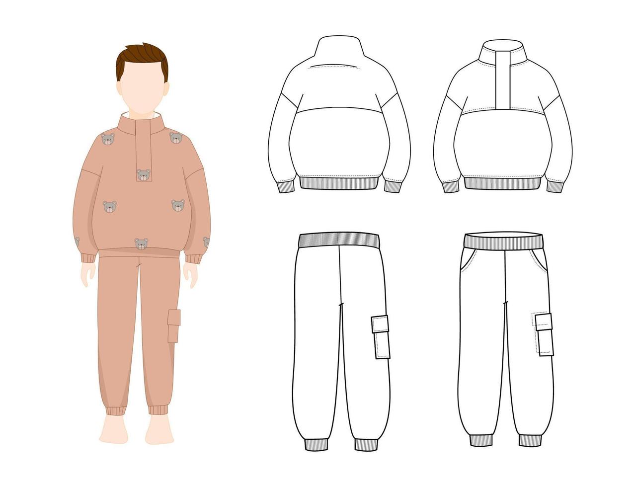 Sketch of fashionable clothes for a boy with a technical drawing vector