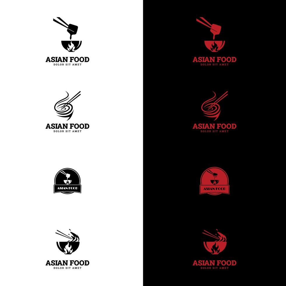 Asian food logo templates set. Ramen, Chinese noodle, Sushi and rolls with chopstick bar or restaurant vector logo template.