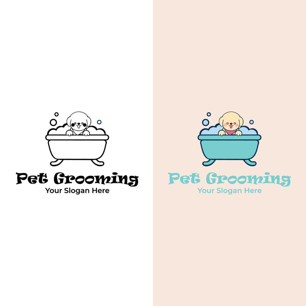 Dog care. Flat vector illustration. Cute dog shower in bath. Logo for pet hair salon, pet styling and grooming shop.