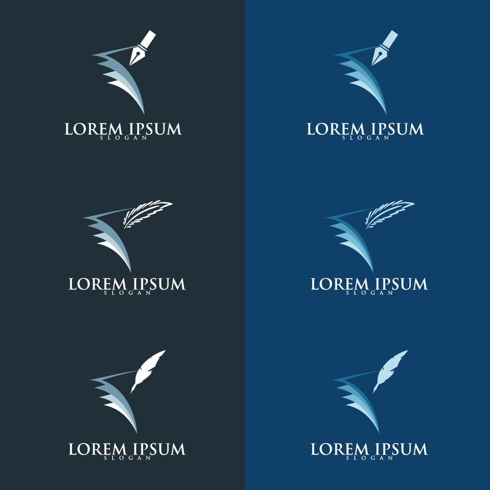 Quill pen writing in the papers on an open book logo. education logo icon design. suitable for company logo, print, digital, icon, apps, and other marketing material purpose. education logo set. vector