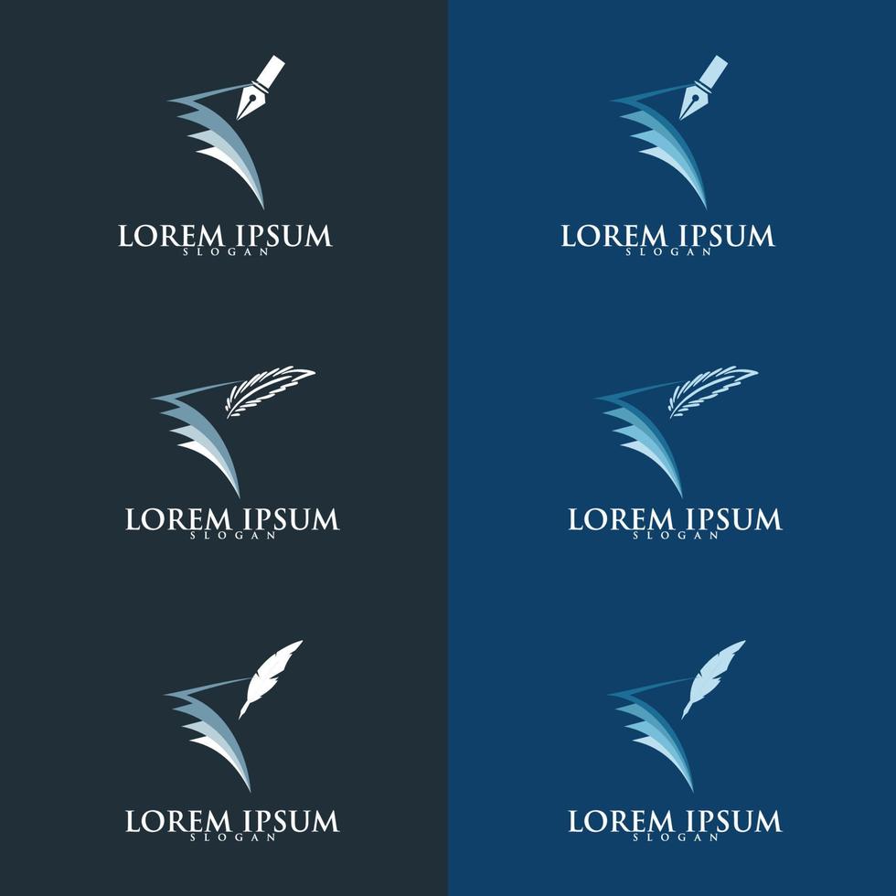 pluma de pluma escribiendo en los papeles en un logotipo de libro abierto. diseño de icono de logotipo de educación. adecuado para el logotipo de la empresa, impresión, digital, icono, aplicaciones y otros fines de material de marketing. conjunto de logotipos de educación. vector