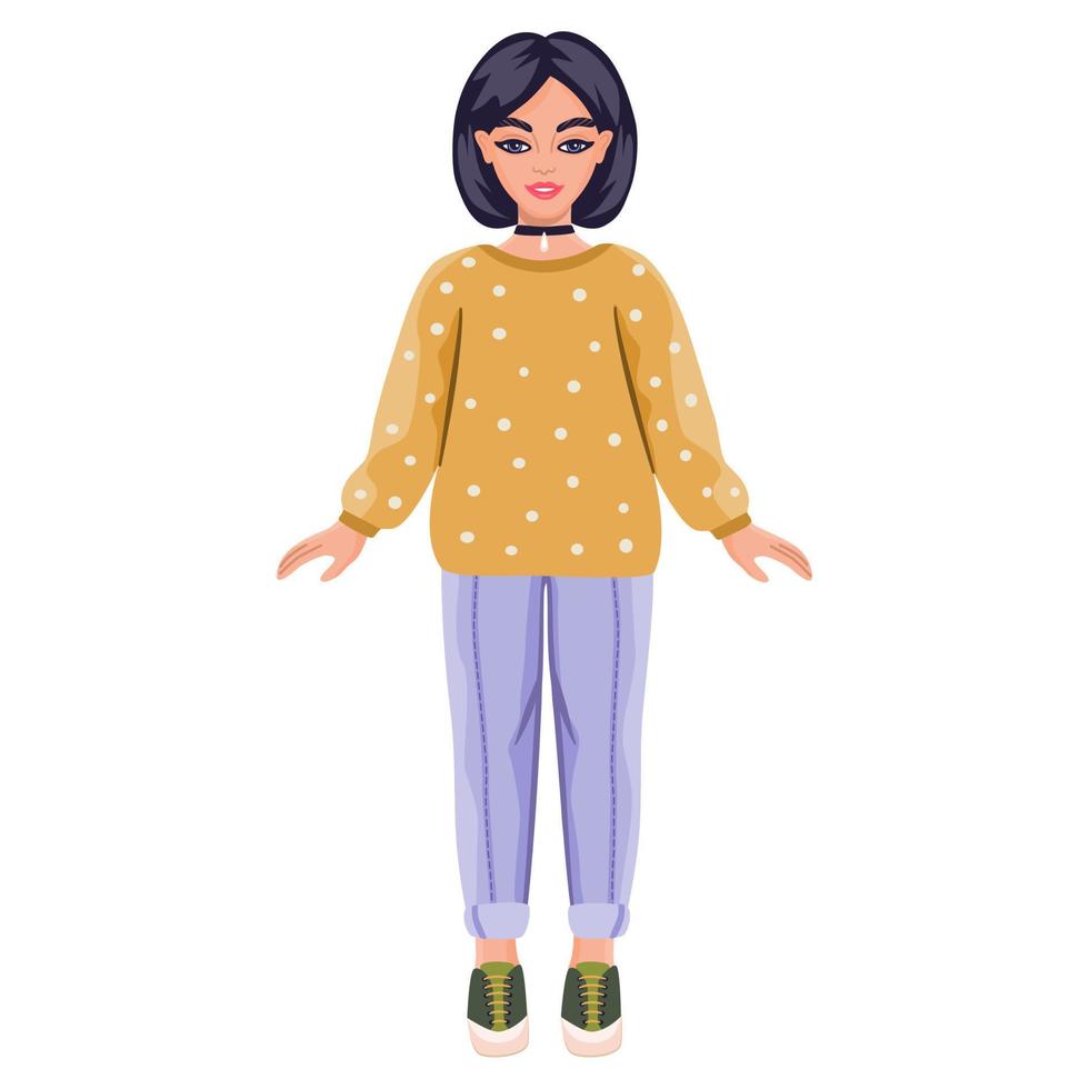 Awesome female character in trendy autumn outfits. Black haired young woman in jeans and sweater. Paper doll character. vector