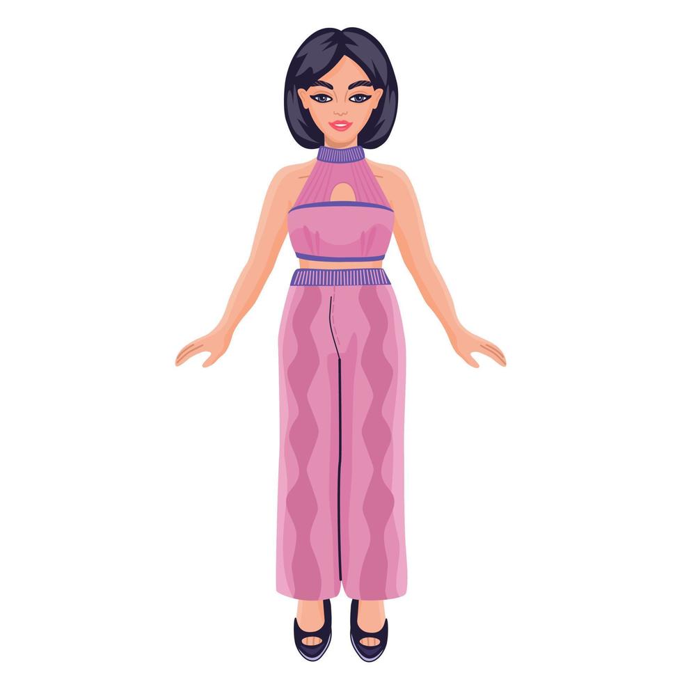 Cartoon woman in pink cropped top and printed trousers. Cute paper doll in trendy colourful outfits. Dress up game. vector