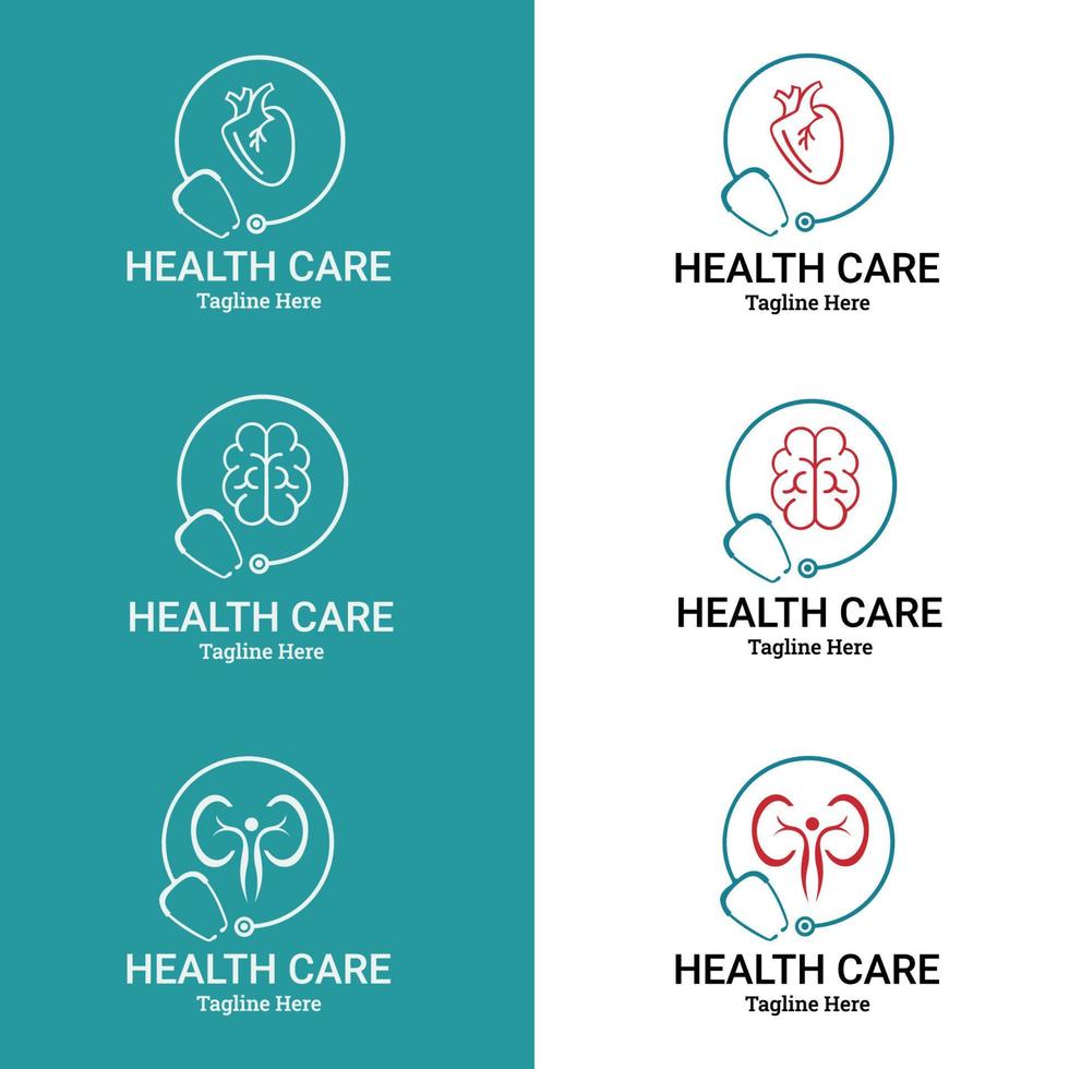 Brain Care Logo, kidney vector, Heart icon with stethoscope. Health Medical Logo template vector illustration design