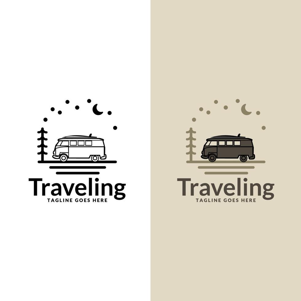 Travel with camper van. Adventure, vintage car, outdoor recreation, adventures in nature, vacation. vector illustration in flat design.