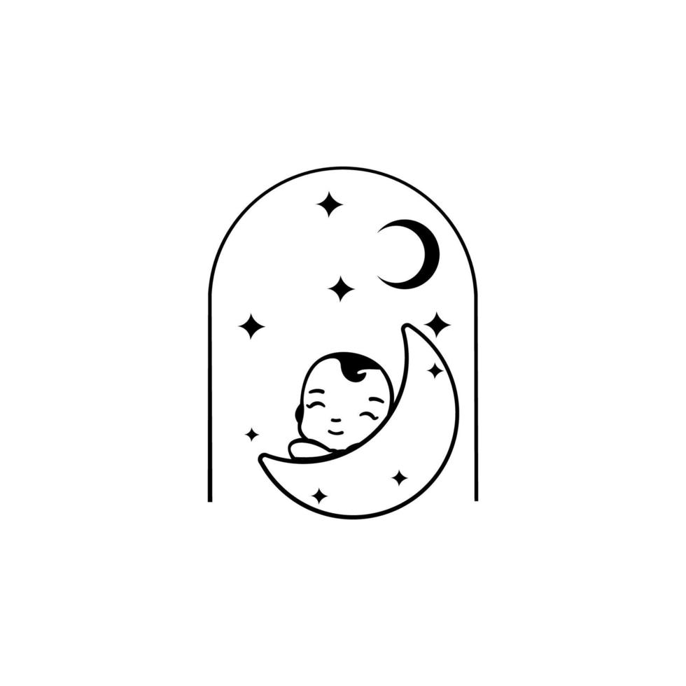 Vector illustration of a baby sleeping on the moon. White background.