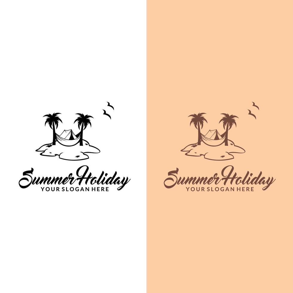 logotipo, icono e ilustración de mar y verano. logo de verano sobre el tema del turismo con palmeras mar y la inscripción vacaciones de verano vector