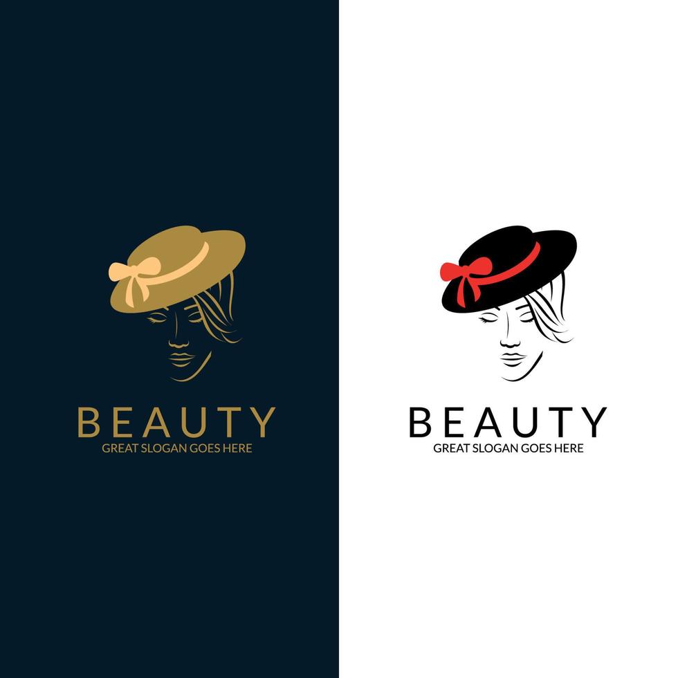 logotipo de moda y belleza. mujer con labios rosados en sombrero de moda. concepto de salón de belleza, accesorios, moda, cosmética. vector