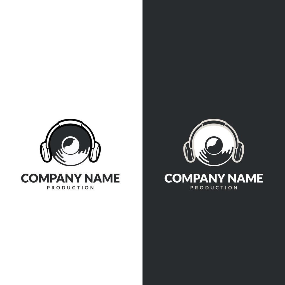 Headset with Phonograph record music podcast DJ logo vector. designed for music recording studio labels design vector
