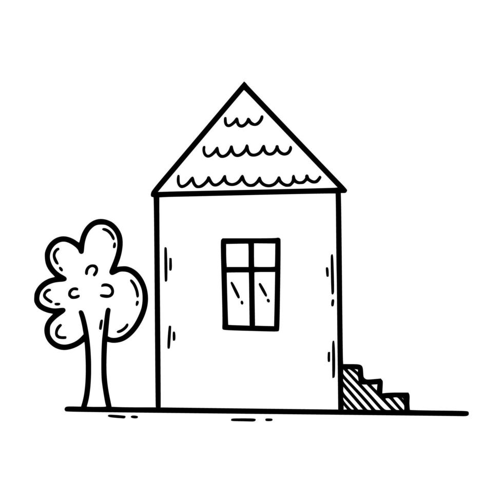 Cute doodle house. Sketch illustration by hand. Drawing with contour line. vector