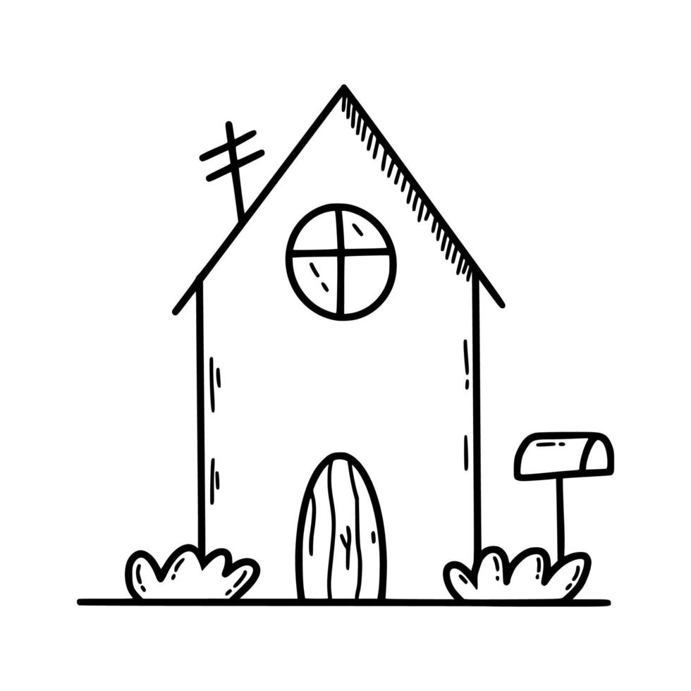 Cute doodle house. Sketch illustration by hand. Drawing with contour line. vector