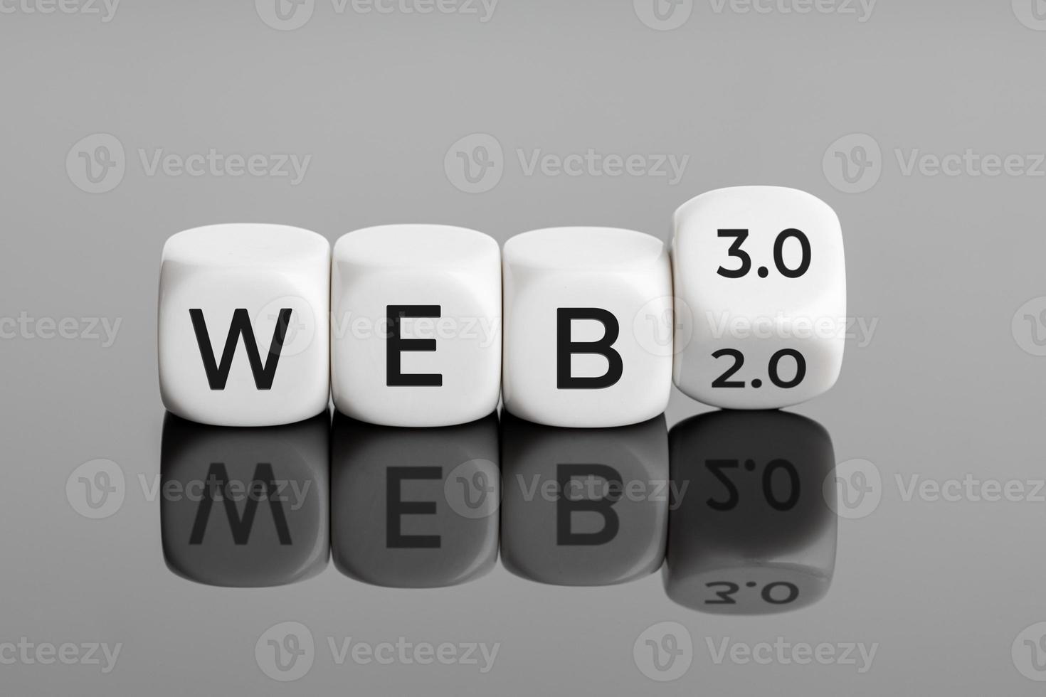 Changing from web 2.0 to web 3.0 concept. White blocks with text photo