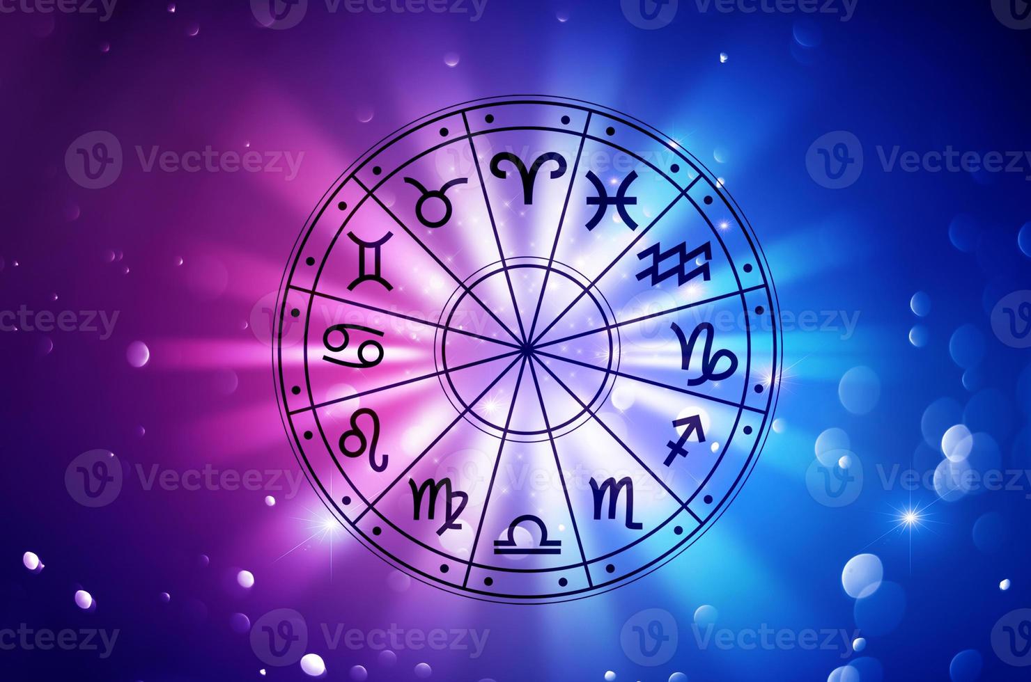 Zodiac signs inside of horoscope circle. Astrology in the sky with many stars and moons  astrology and horoscopes concept photo