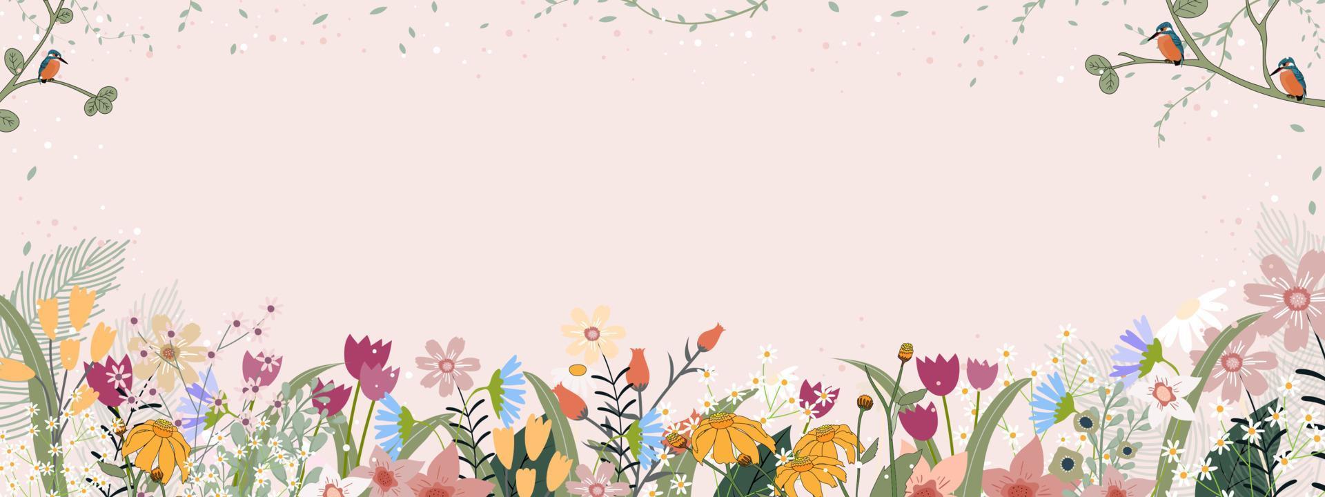 fondo de primavera con lindos pájaros y diminutas flores silvestres que florecen en la frontera, banner de verano o srpting para la venta, tarjeta de felicitación de ilustración vectorial para el día de la madre, boda, San Valentín vector