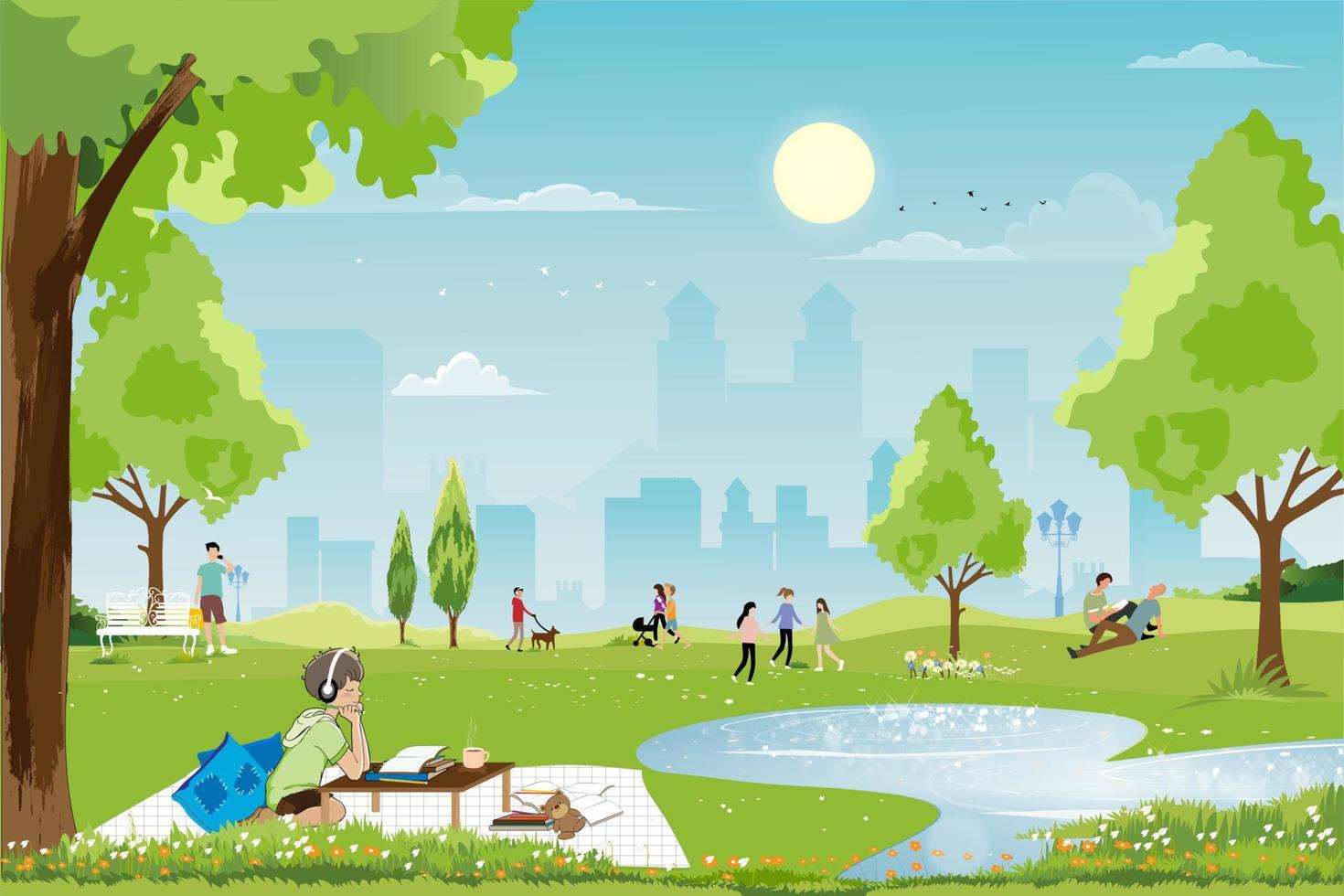 Morning city park with family having fun in the park,boys walking the dog,man talking on phone, kid playing, two guys reading a book under tree,City lifestyle of people in Summer time vector