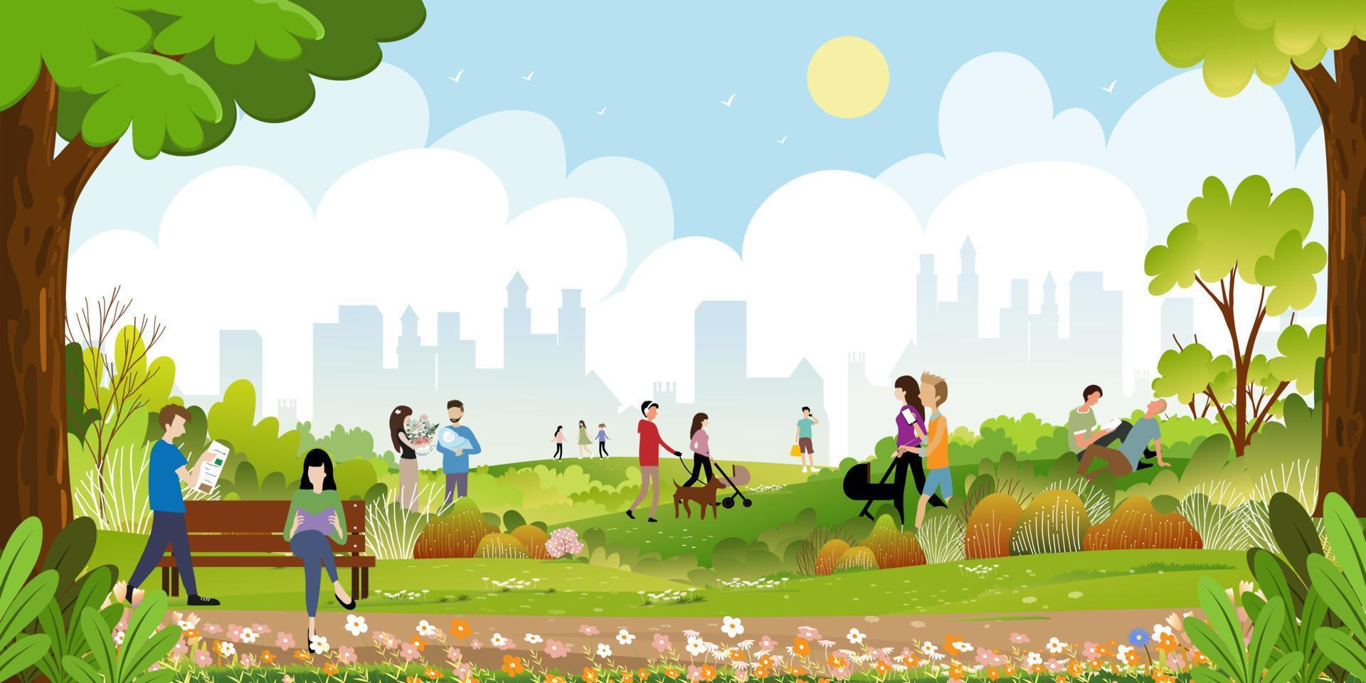 Morning city park with family having fun in the park,boys walking the dog,man talking on phone, women sitting on bench, two guys reading a book under tree,City lifestyle of people in Summer time vector