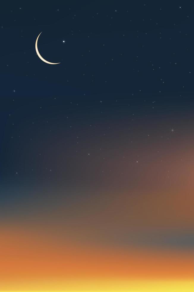 Islamic card with Crescent moon on Blue,Orange sky background,Vertical banner Ramadan Night with Dramtic Suset,twilight dusk sky for Islamic religion, Eid al-Adha,Eid Mubarak,Eid al fitr vector