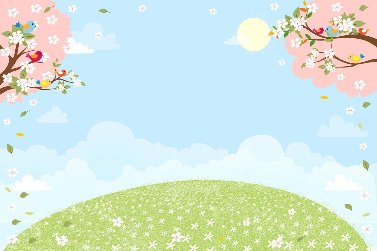 Spring landscape green field with cherry blossom frame,Vector cartoon Summer scene with bird on white Sakura branches and daisy field.Cute banner for Hello Spring or Easter background vector