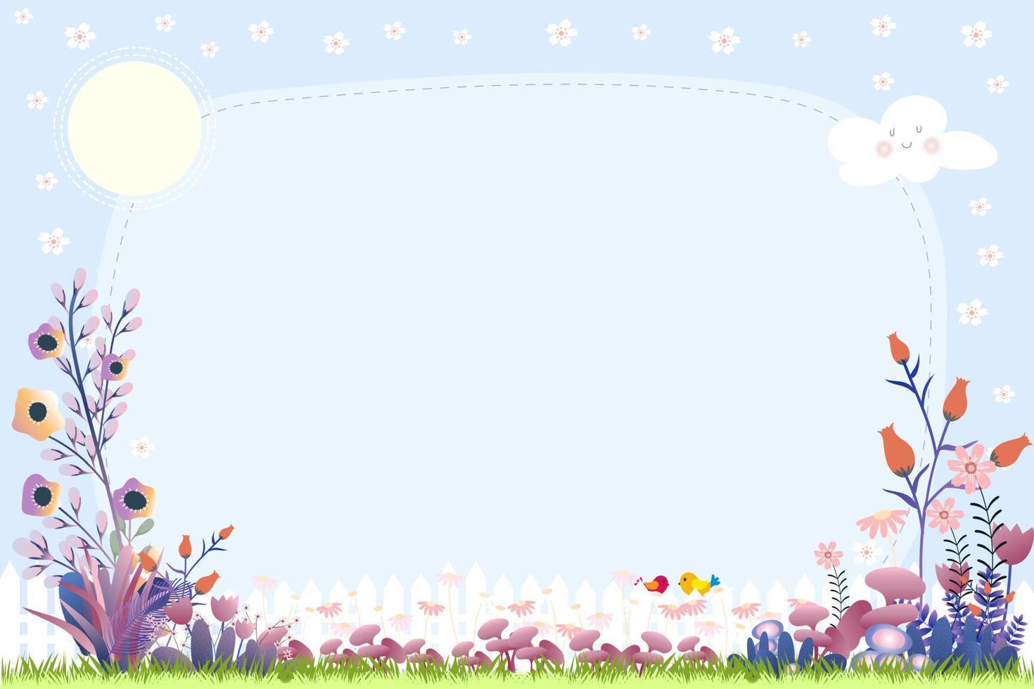 fondo de primavera con flor en el jardín con marco de flor de cerezo en el cielo azul y espacio de copia para texto, banner vectorial linda escena de verano con borde de flores, concepto para tarjeta de felicitación de Pascua vector