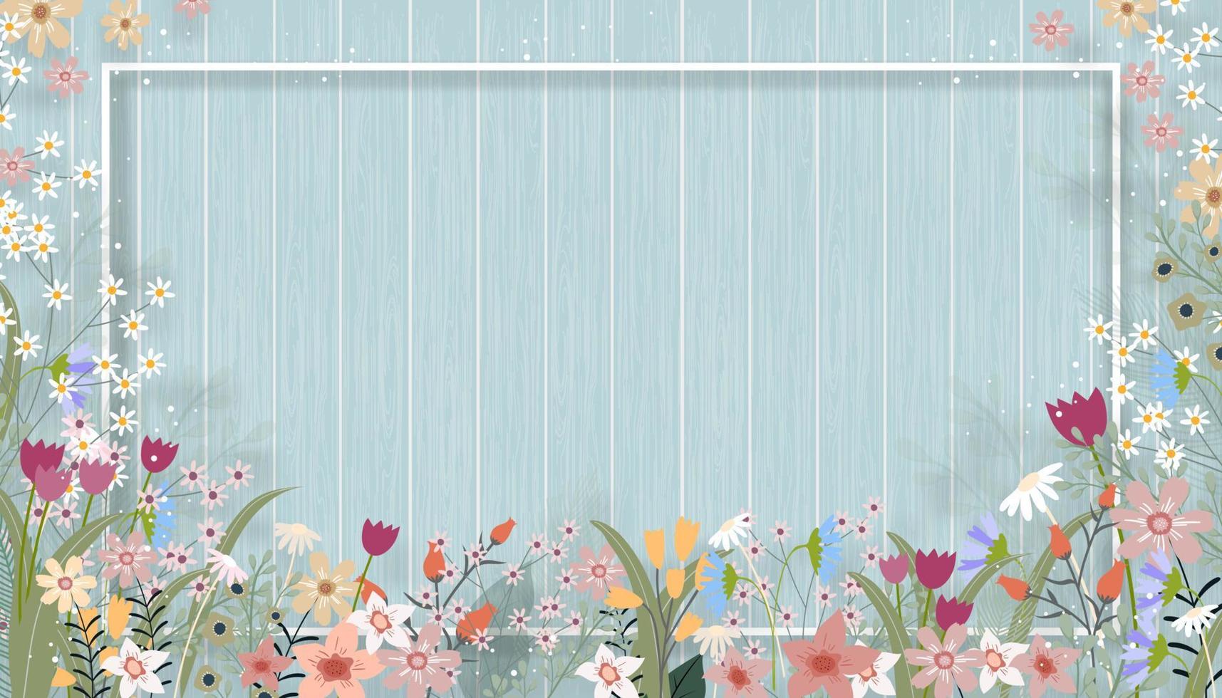 fondo de primavera con lindo borde de flores en el fondo de la pared de madera, fondo horizontal de ilustración vectorial de marco de flora floreciente en panel de madera texturizado, banner de vacaciones para la venta de primavera o verano vector