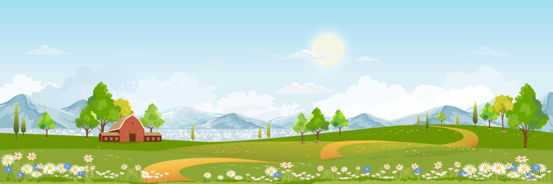 Spring landscape in village with green field and sunset,Vector flat cartoon rural farmland with mountain and forest, pink and blue sky, Natural scene in countryside,Panorama view on sunny day Summer vector
