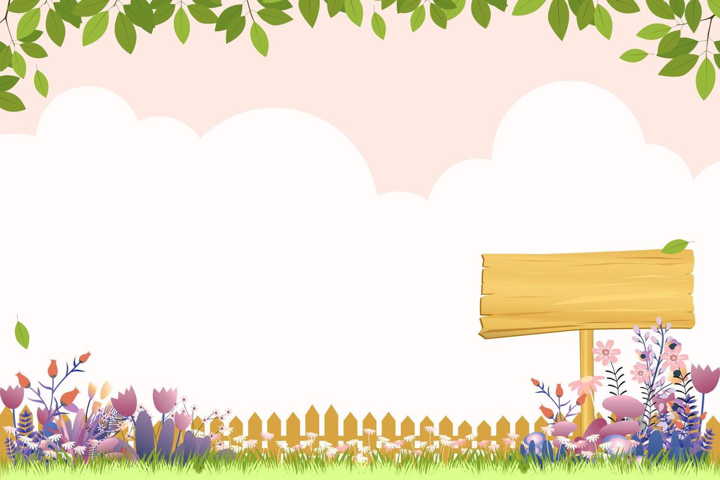 Spring background of flower field, wood fence, green leaves border on pink sky,Vector banner with copy space of cute Summer scene with wooden banner and flowers blooming ,Easter,Holiday season concept vector