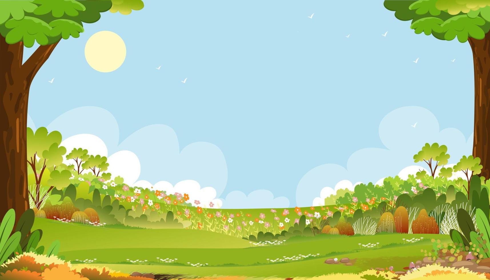 paisaje de campos verdes de primavera con cielo azul y fondo de nubes, panorama naturaleza rural pacífica en primavera con tierra de hierba en la mañana. dibujos animados de vector para banner de primavera y verano