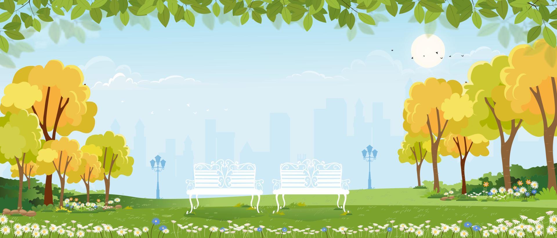 Spring landscape at city park in the morning, Natural public park with flowers blooming in the garden, Peaceful scene of green fields with blurry cityscape building, cloudy and sun on summer vector